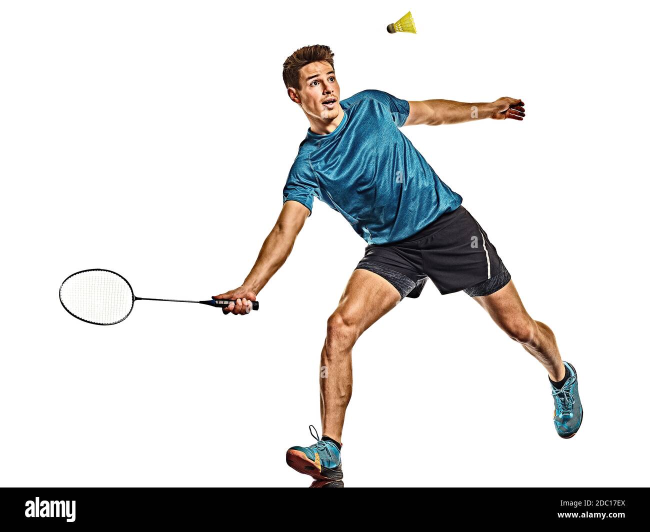 one caucasian young Badminton player man in studio isolated on white background Stock Photo - Alamy one caucasian young Badminton player man in studio isolated on white background Stock Photo - Alamy