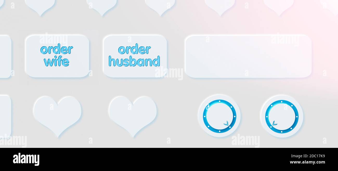 A 3 D representation of a keyboard in the new Design Look Neumorphism. On the keys is english text order husband order wife. A life partner is looked Stock Photo