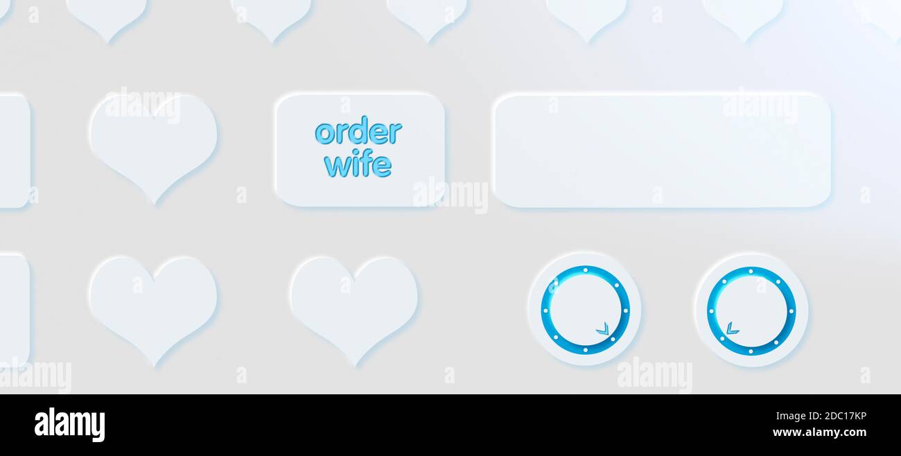 A 3 D representation of a keyboard in the new Design Look Neumorphism. On the key there is english text order wife. A life partner is looked for. Stock Photo