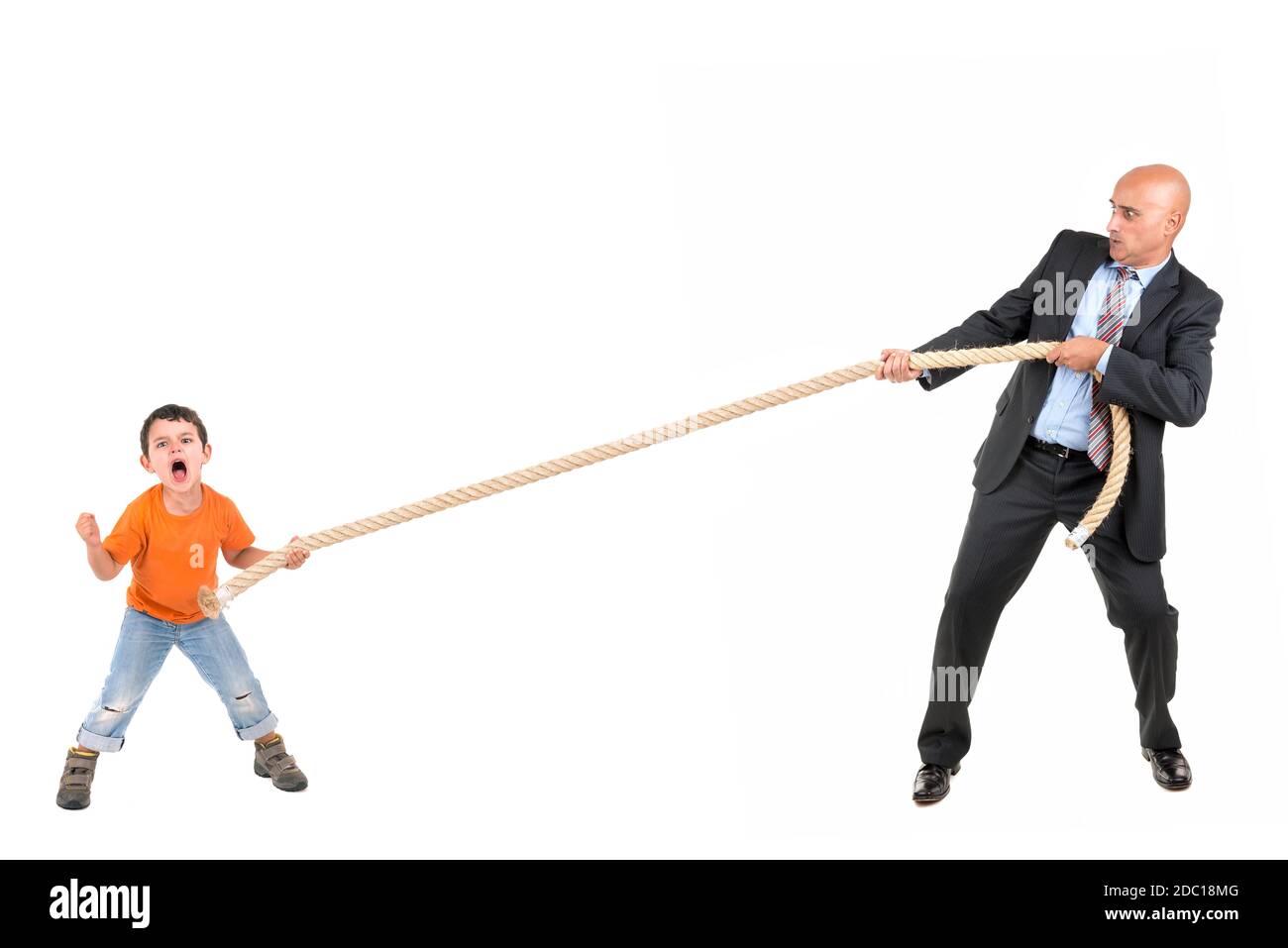 Adult and boy pulling a rope isolated in white Stock Photo Alamy