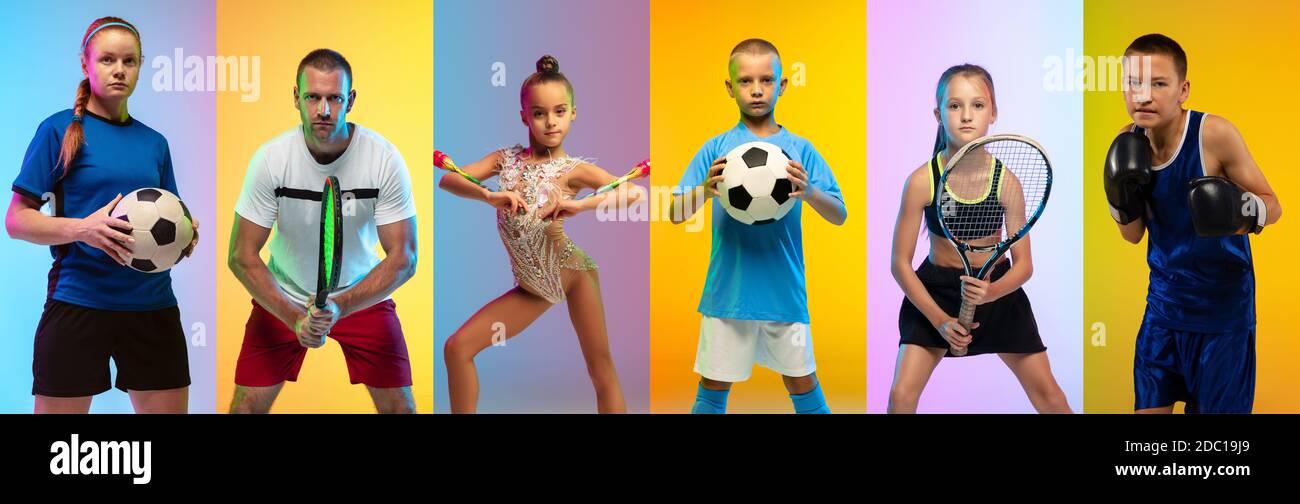 Collage of young professional sportsmen in neon light in action and motion, vertical. Concept of sport, movement, energy and dynamic, healthy lifestyle. Training, practicing. Made of 6 models. Stock Photo