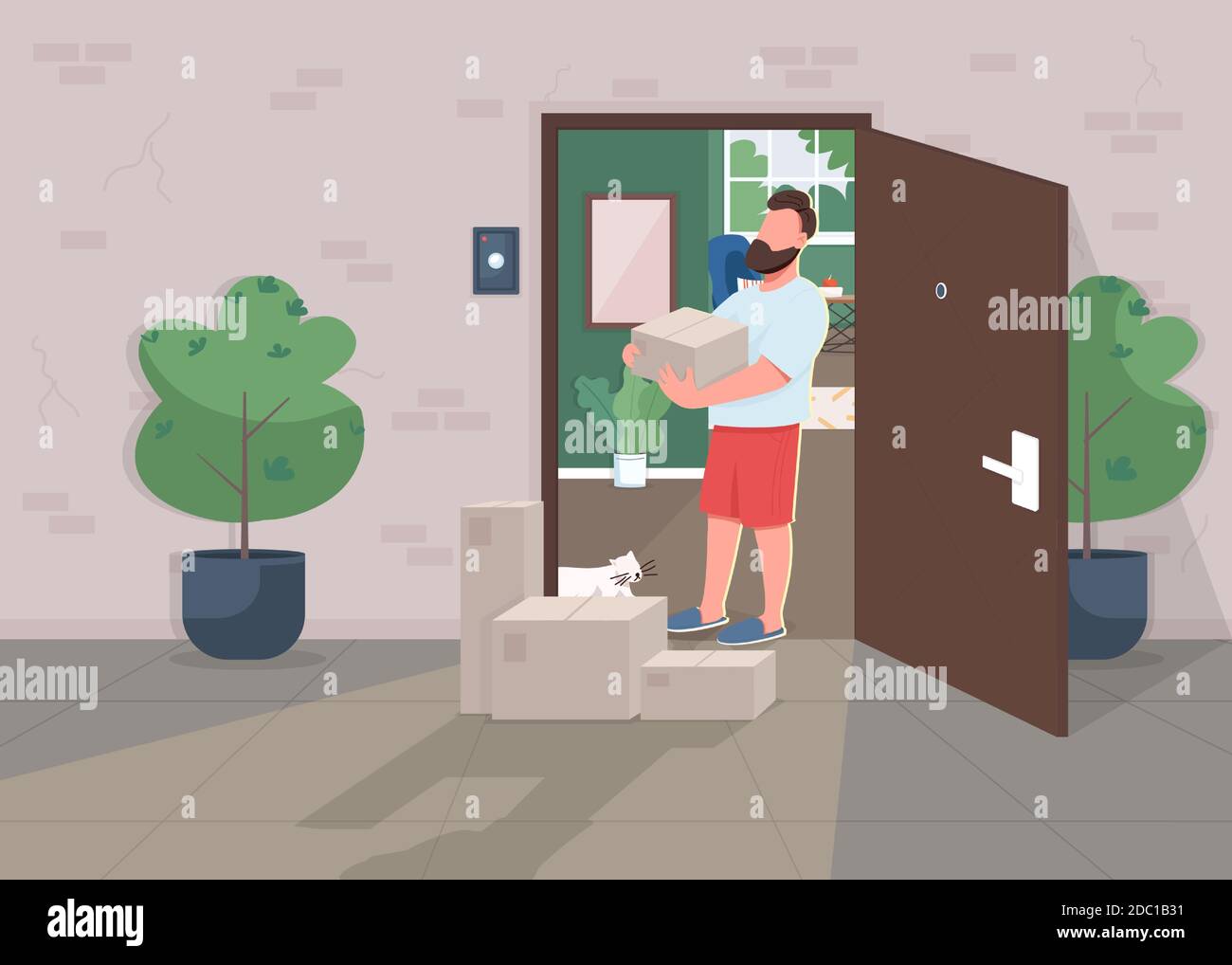 Contactless delivery during lockdown flat color vector illustration