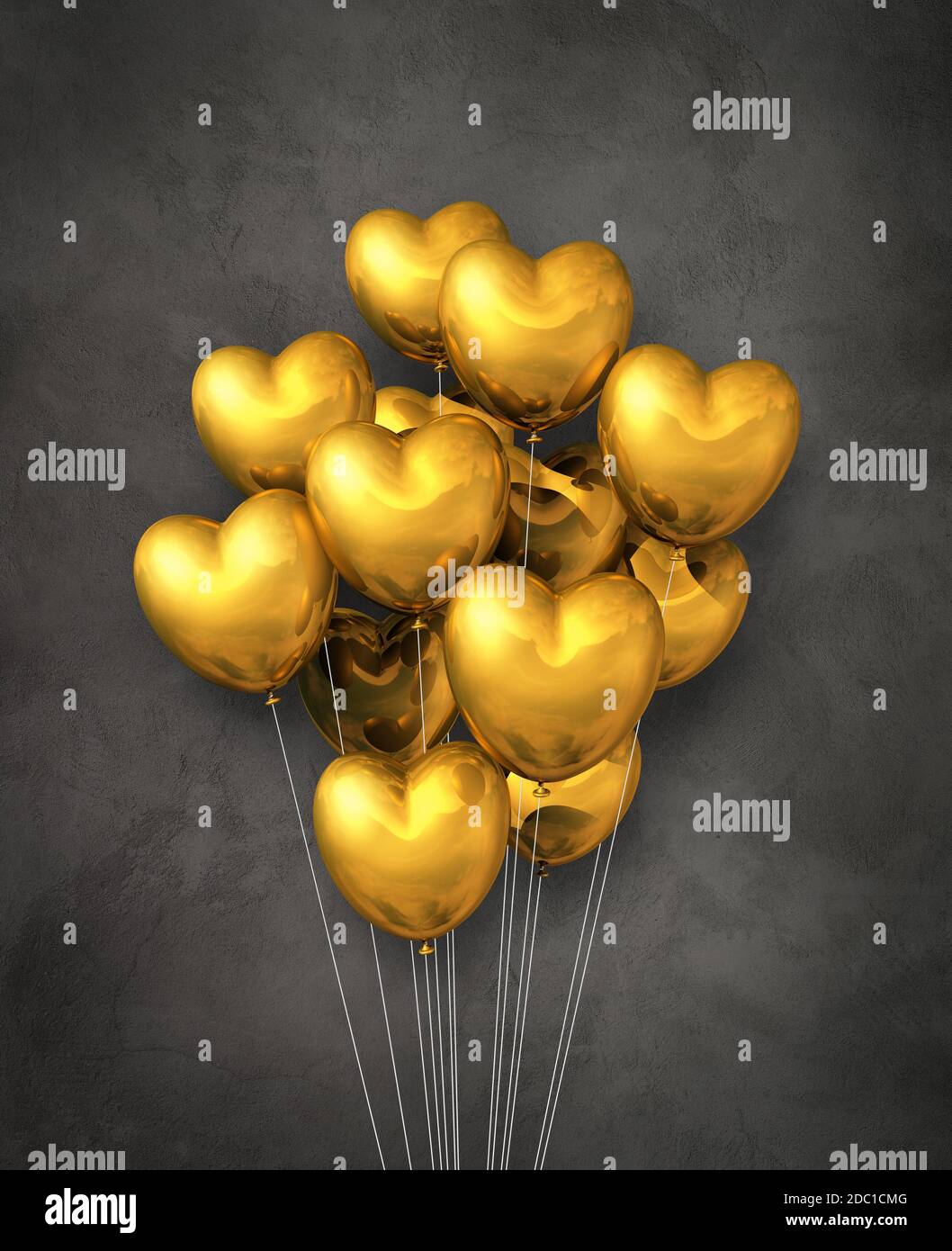 Gold heart shape air balloons group on a dark concrete background. 3D ...