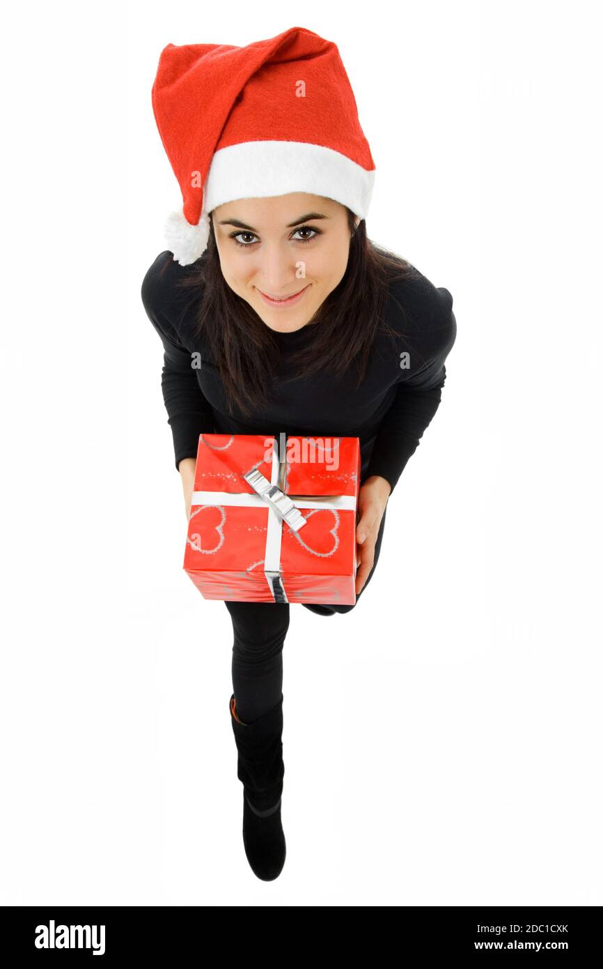 beautiful young girl holding a christmas gift, isolated Stock Photo - Alamy