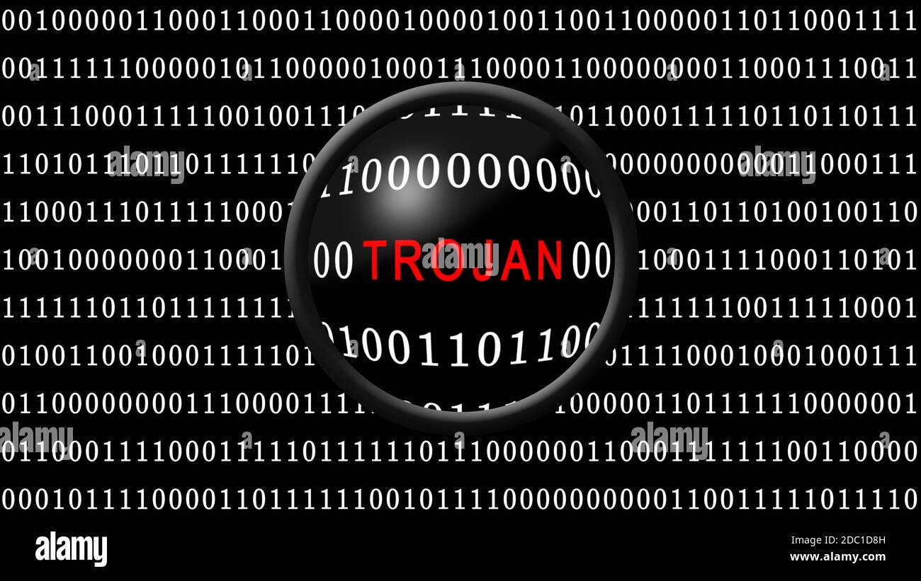 TROJAN red lettering shown in a magnifying lens in front of a black ...