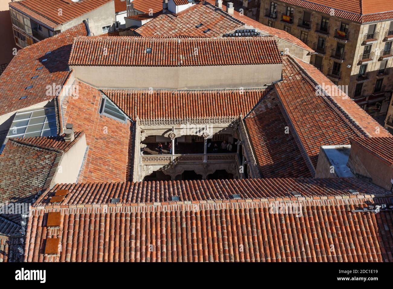 Aereal view of Casa de las Conchas courtyard from La Clerecia, Salamanca, Castille and Leon, Spain Stock Photo