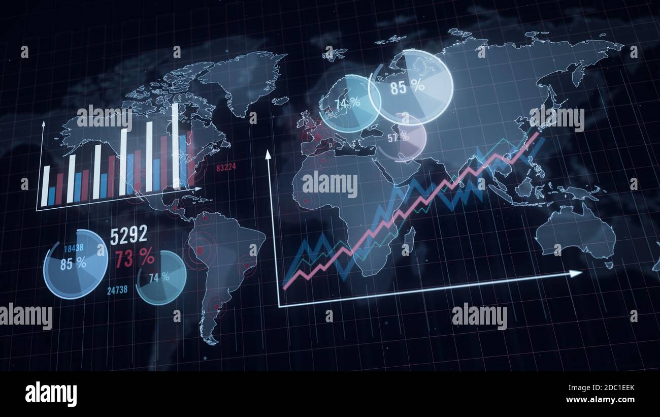 Economy, global business and finance 3d chart illustration. Abstract corporate concept of world crisis and recession. Blue globe map on background. Stock Photo