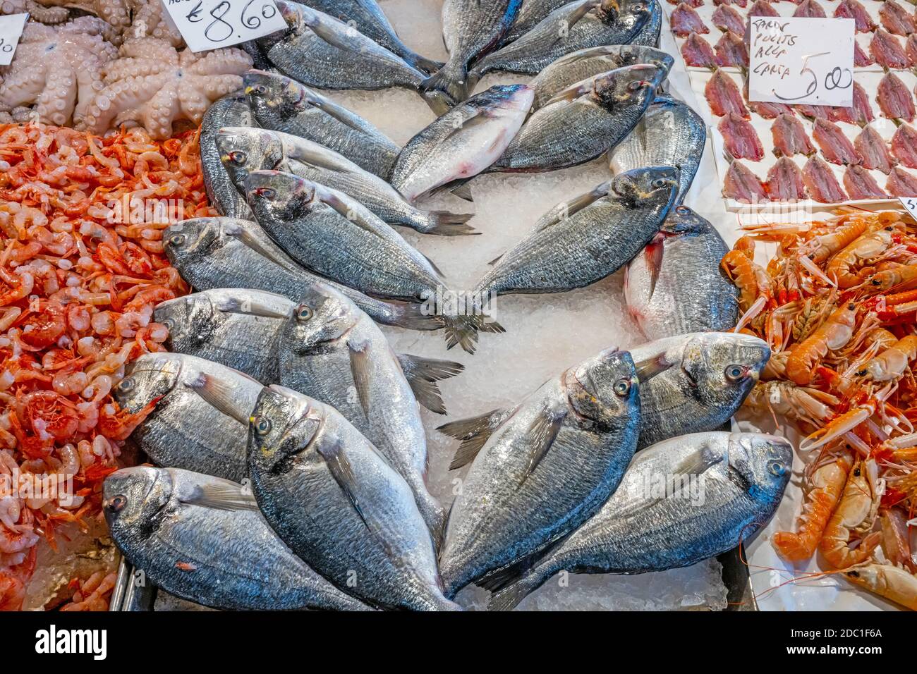 Fish and seafood for sale at a market in Venice, Italy Stock Photo