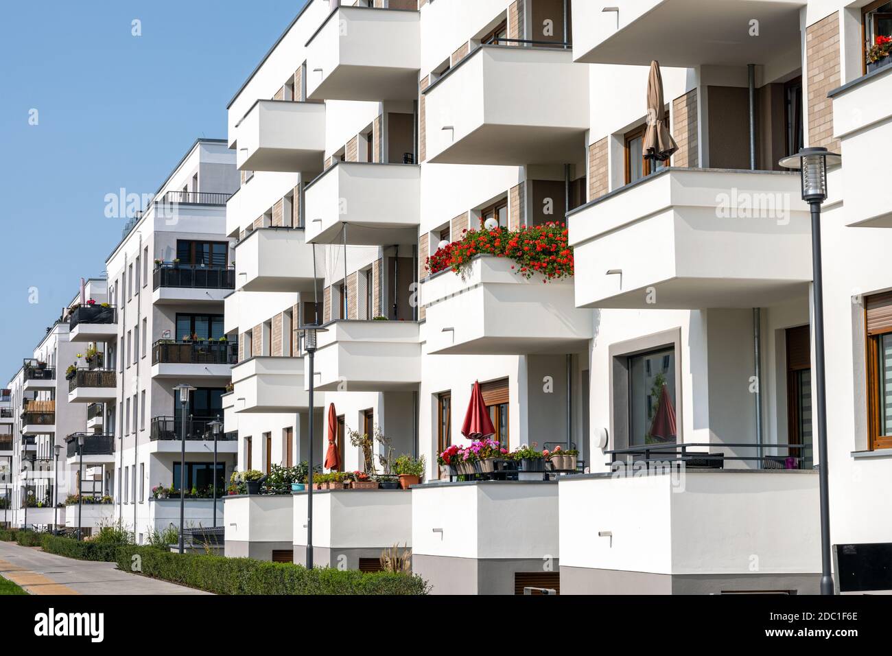 Modern apartment buildings with many balconies seen in Berlin Stock Photo