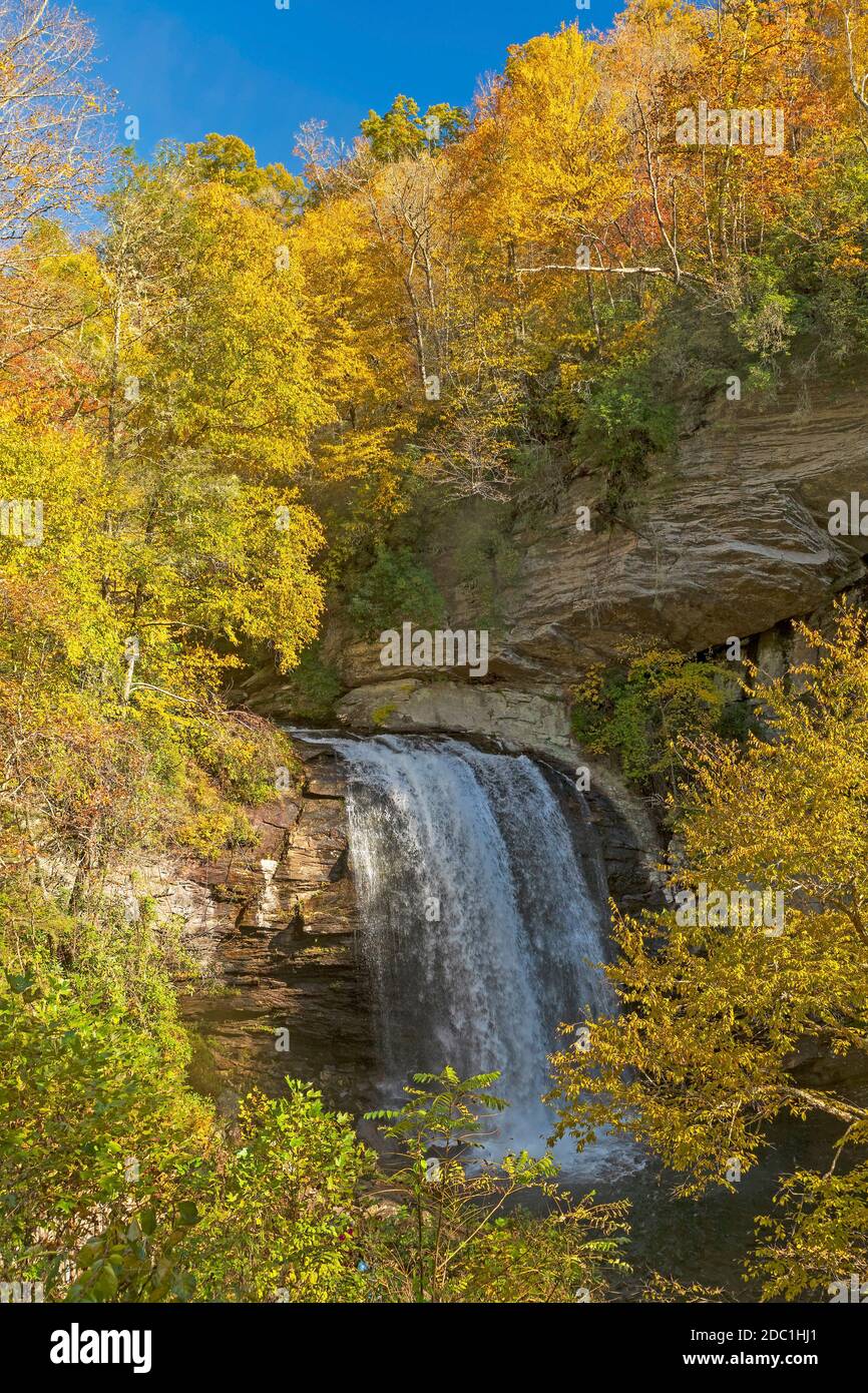 Scenic Looking Glass Falls Amongst the Colors of Fall in Pisgah National Forest in North Carolina Stock Photo