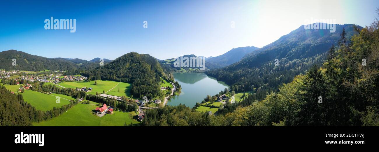 Lunzer See in the Ybbstal Alps. Aerial panorama view to the idyllic lake in Lower Austria. Stock Photo