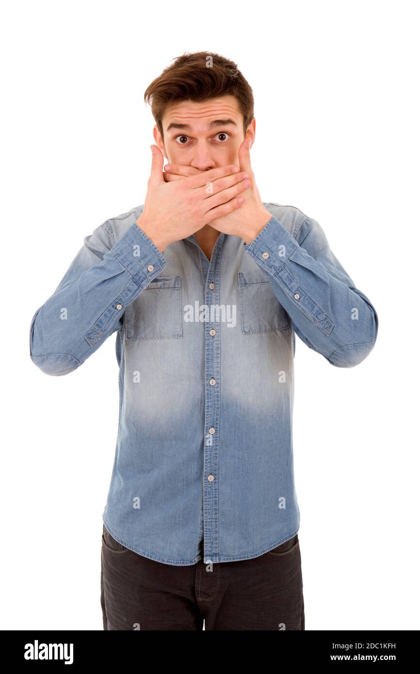 Man covering his face, isolated on white background Stock Photo