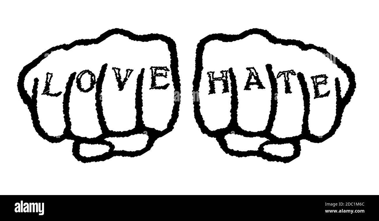 Clenched fists with love hate tattoo enclosed in a black circle over a white background Stock Photo