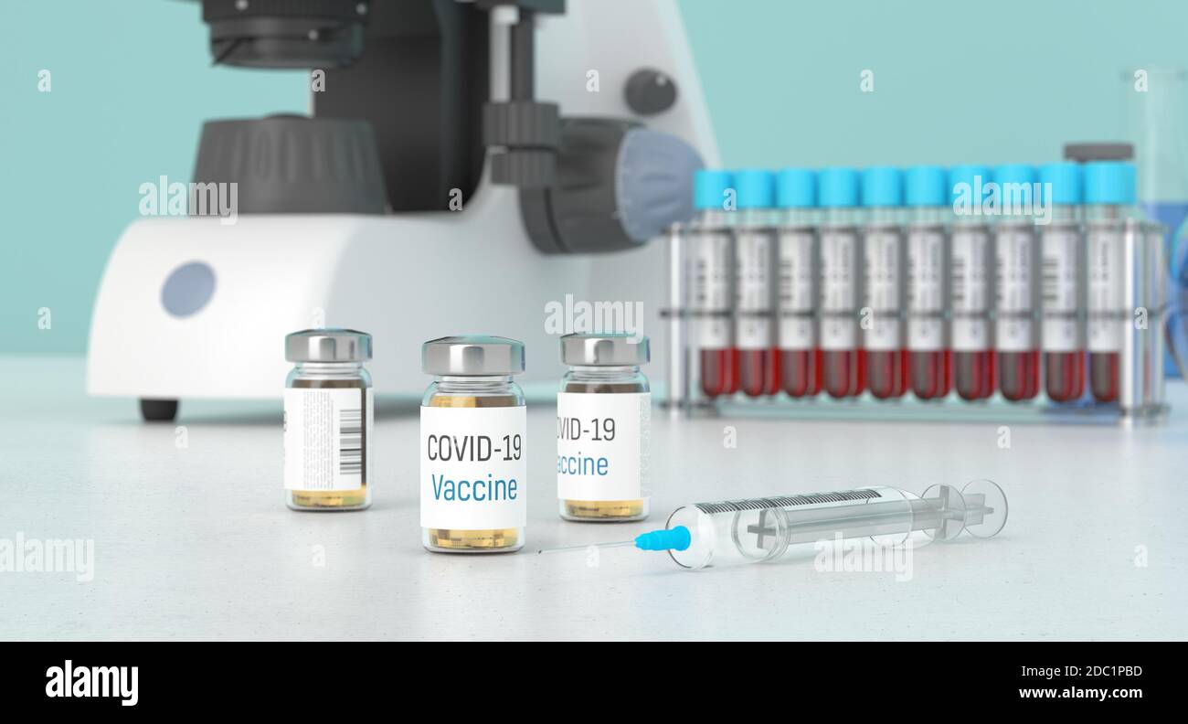 Covid-19 vaccine in labolatory. Medication for coronavirus in bottles. Treatment for coronavirus made in lab. 3D rendering. Stock Photo