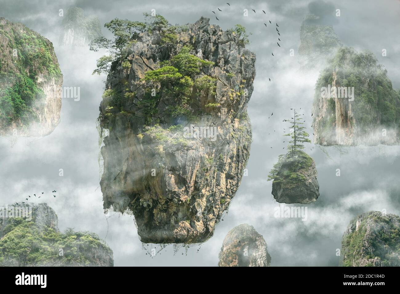 Fantasy world of floating islands in clouds with birds. Stock Photo