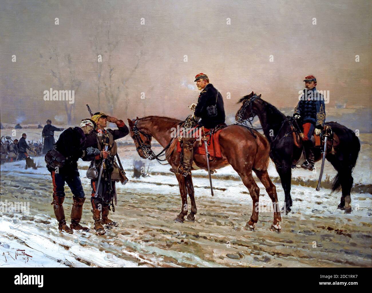 A General questions a mobile guard supporting a wounded officer   December 1870  Alphonse de Neuville, 1835-1885,  France, French, German, Germany, Stock Photo