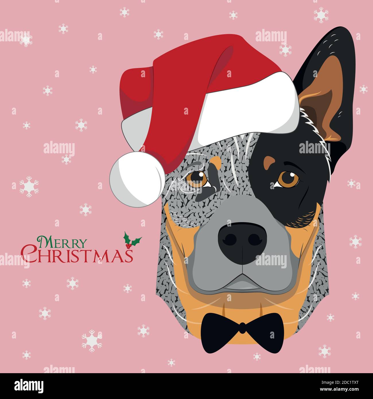 Christmas greeting card. Australian Cattle dog with red Santa's hat and bow tie Stock Vector