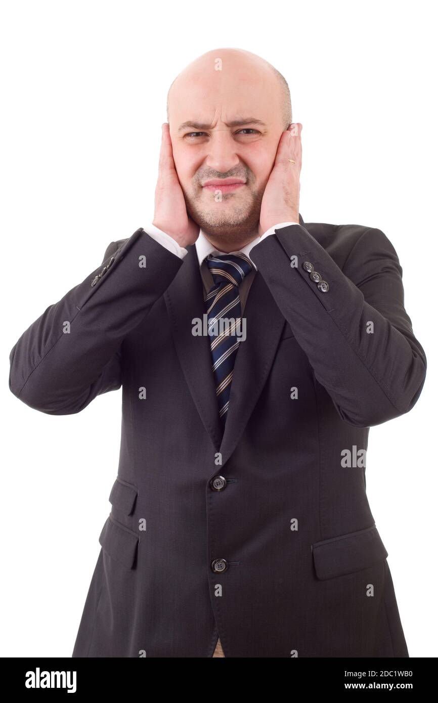 Businessman in a suit gestures with a headache, isolated Stock Photo