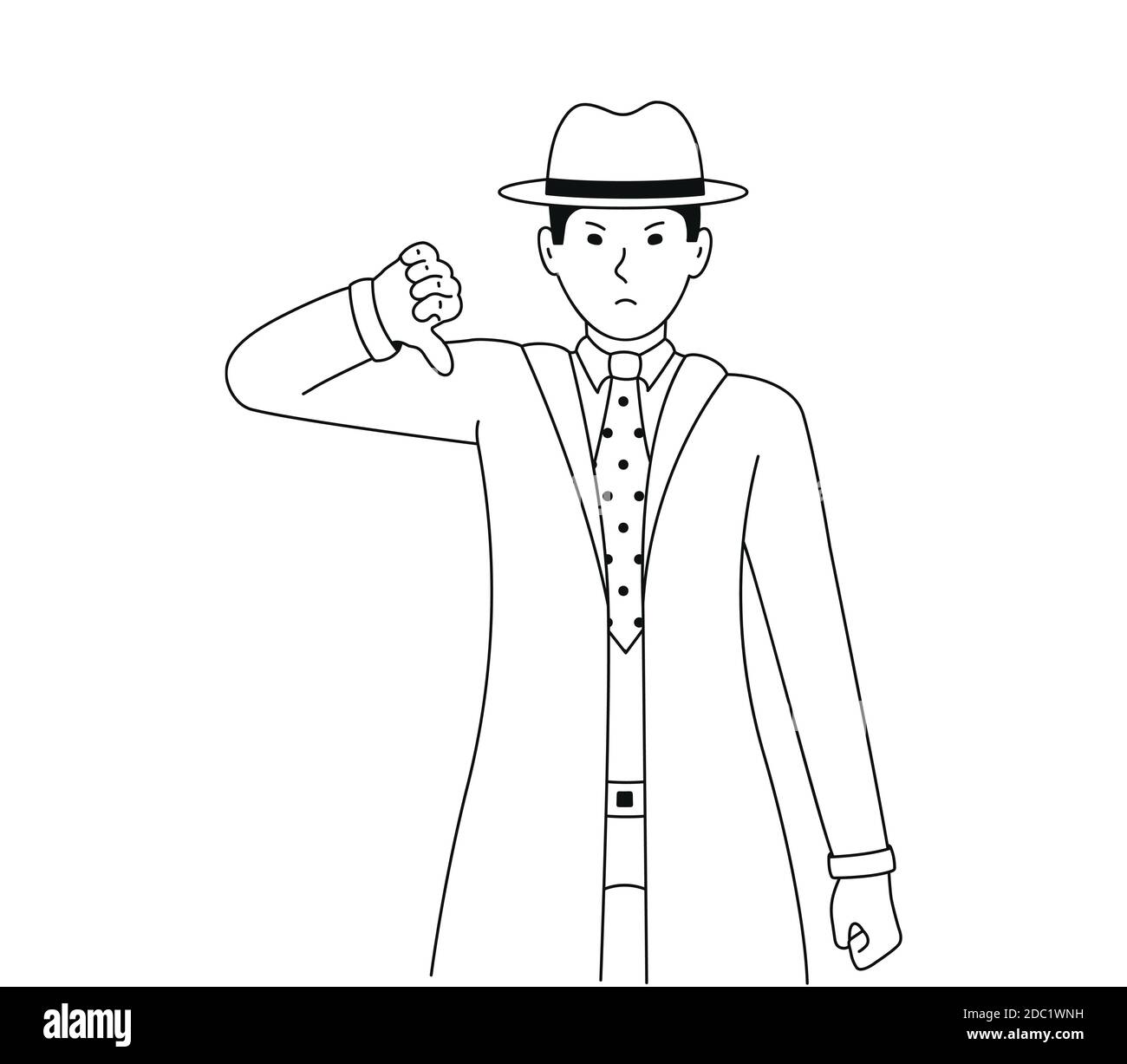 A detective or undercover agent makes a gesture of displeasure. Vector illustration of a man showing thumb down. The guy feels negative emotions. Stock Vector