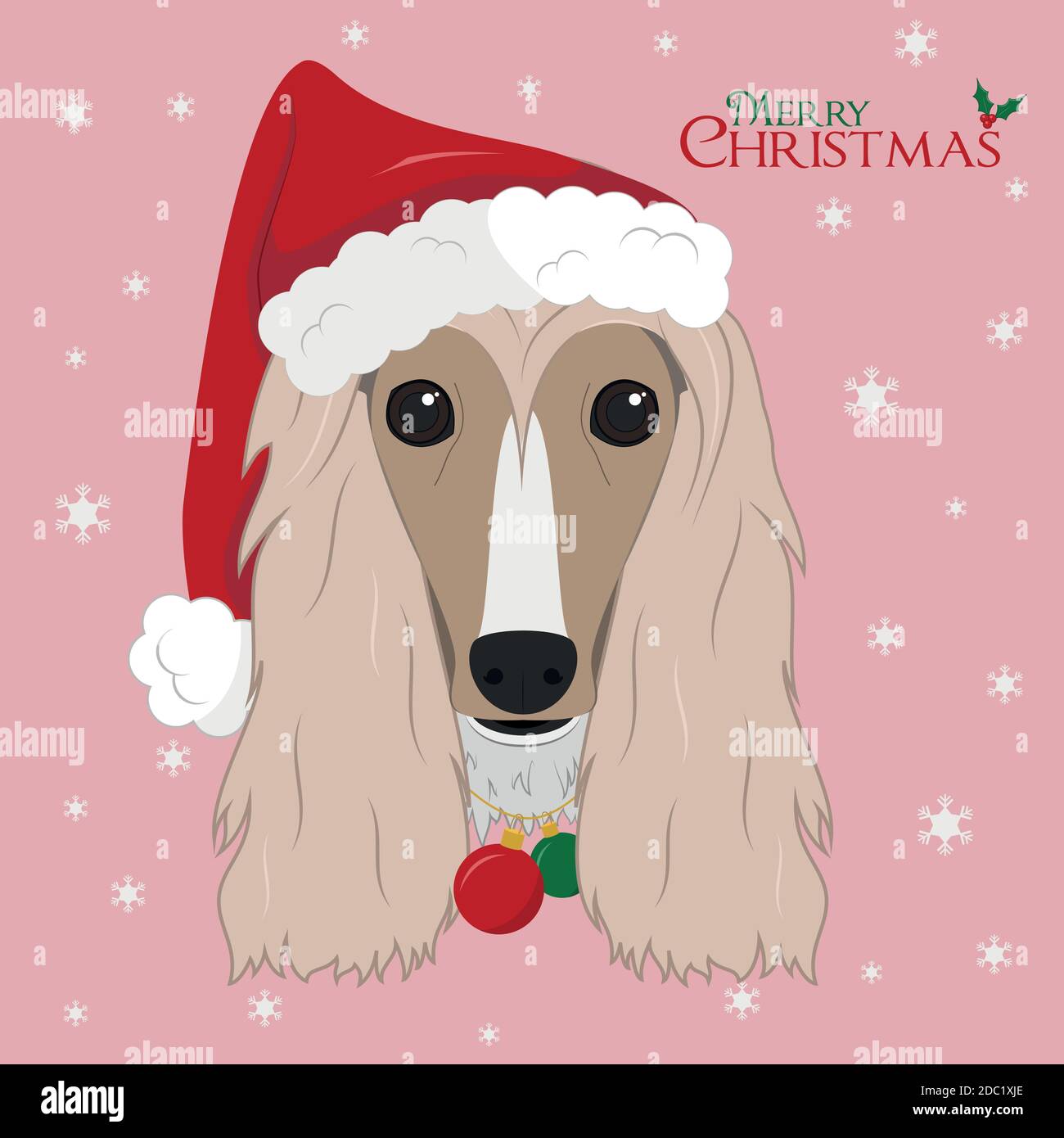 Christmas greeting card. Afghan Hound dog with red Santa's hat and