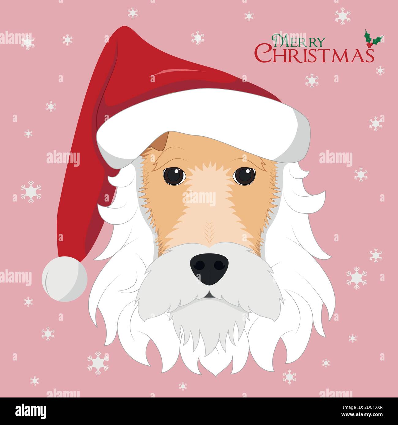 Christmas greeting card. Fox Terrier dog with white beard and red Santa's hat Stock Vector