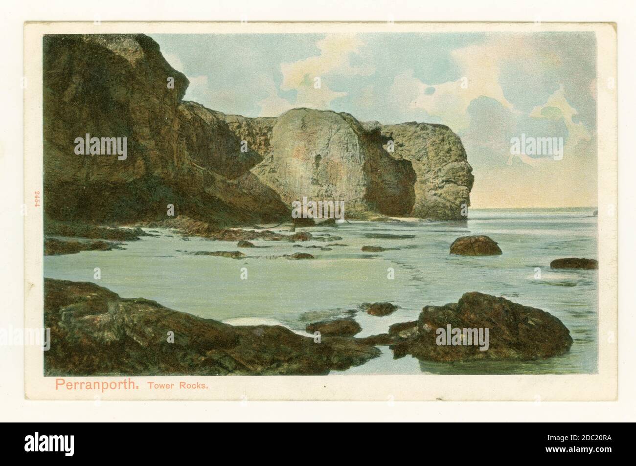 Early 1900's tinted colour postcard of Tower Rocks, Perranporth, Cornwall, 1908 Stock Photo