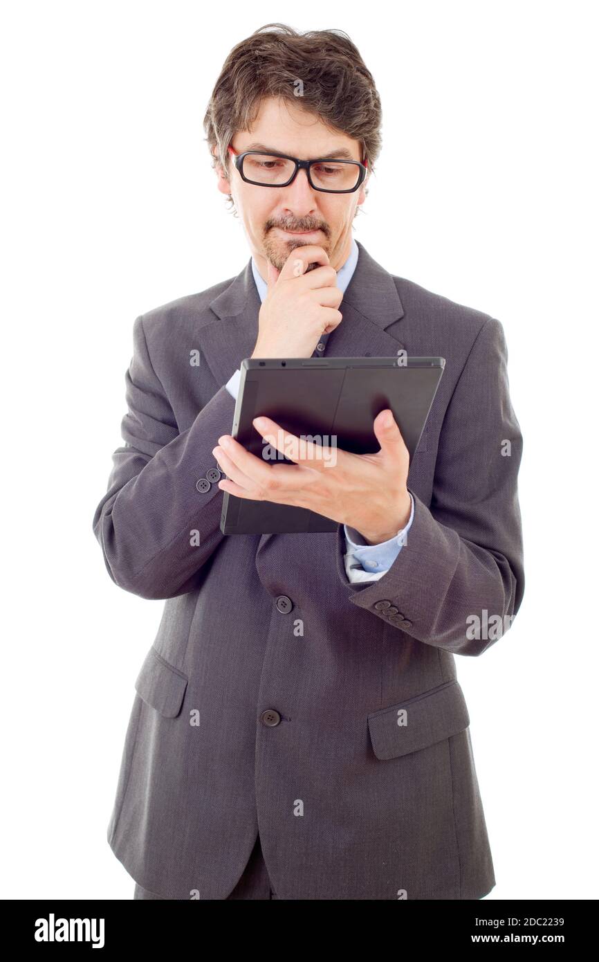 businessman using touch pad of tablet pc, isolated Stock Photo - Alamy