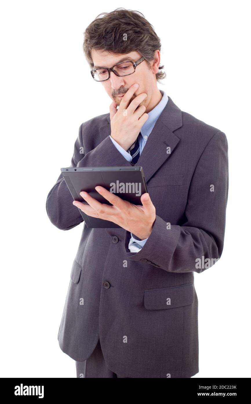 businessman using touch pad of tablet pc, isolated Stock Photo - Alamy