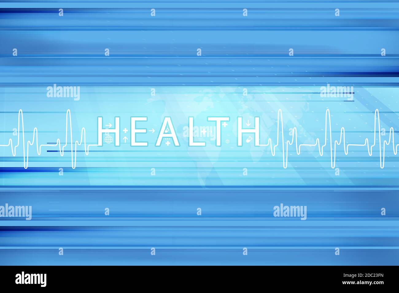 Health text with health icons and heartbeat rate lines background Stock ...