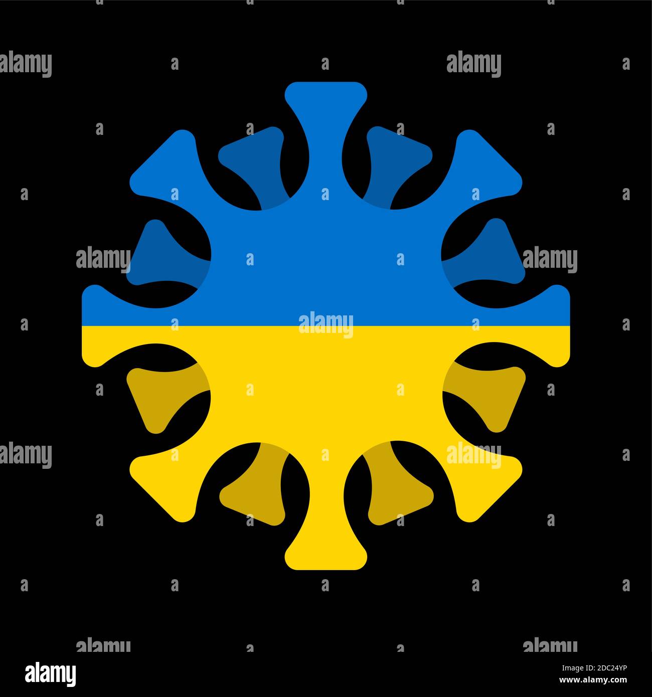 Coronavirus in Ukraine. Microbe COVID-2019 in Ukrainian flag. World epidemic. Pandemic. Country in lockdown Stock Vector