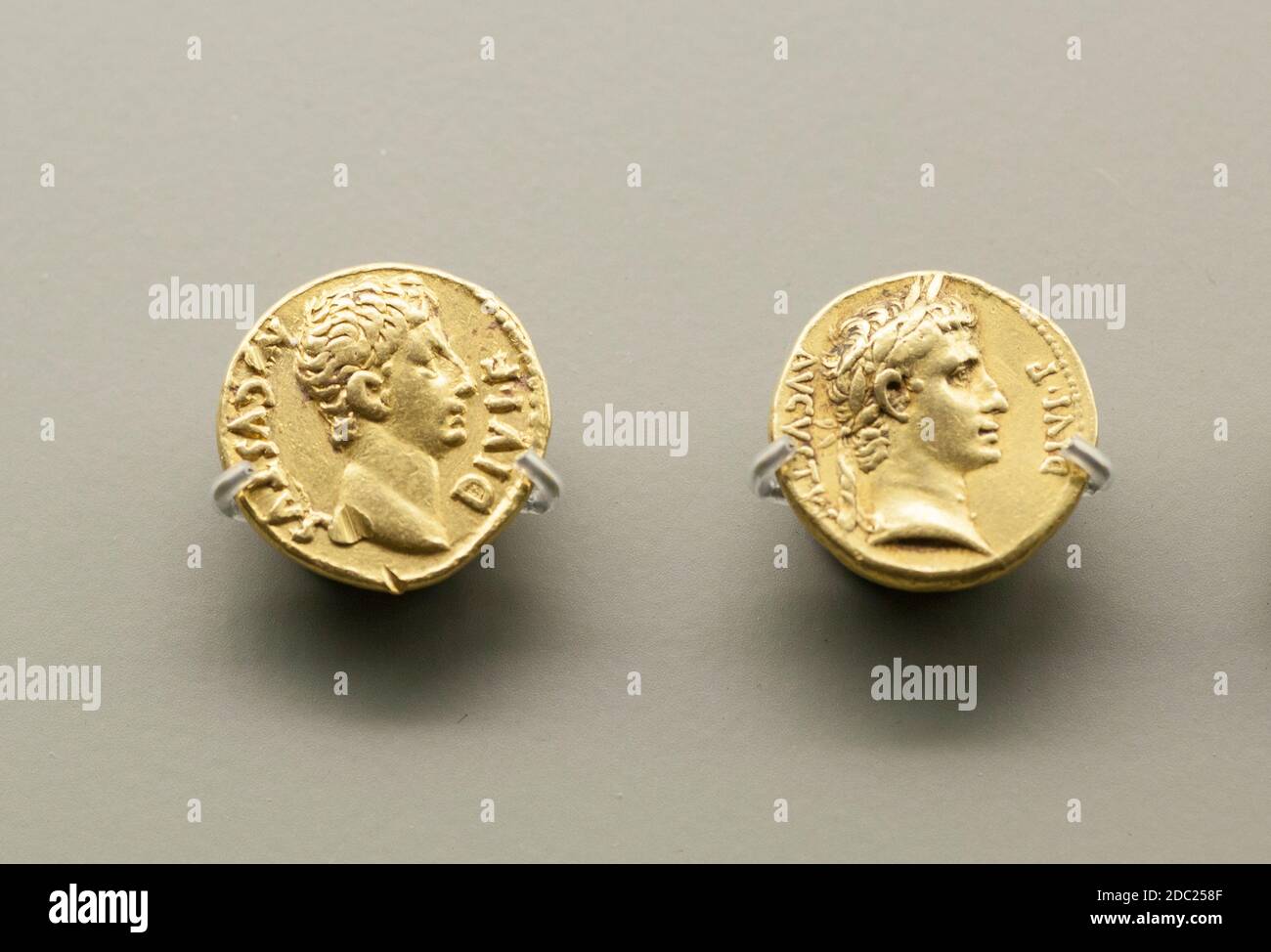 Merida, Spain - Nov 14th, 2020: Octavius Augustus Roman Emperor coins. National Museum of Roman Art in Merida, Spain Stock Photo