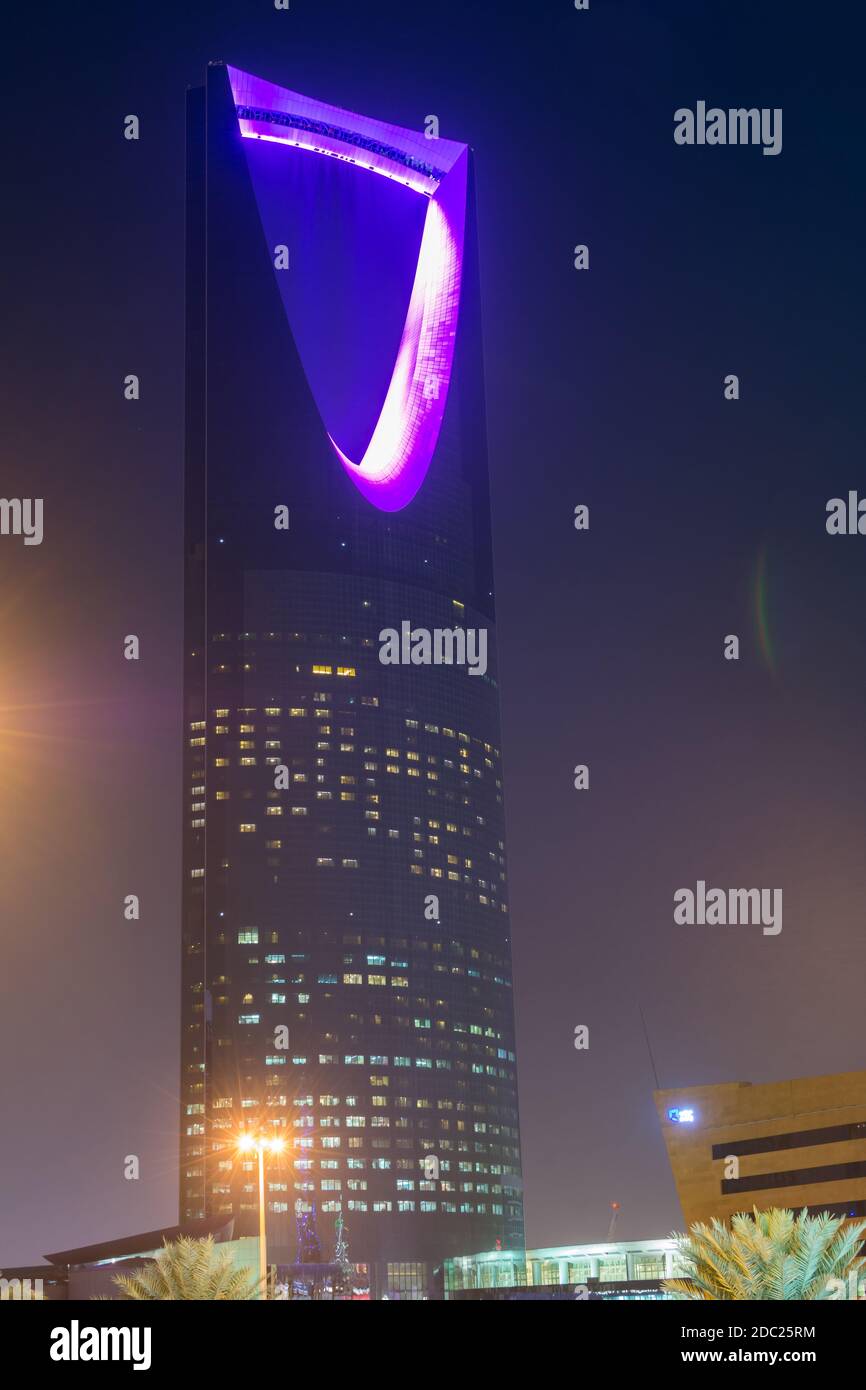 Night view with neon light of Kingdom tower , the tallest building in the Kingdom of Saudi