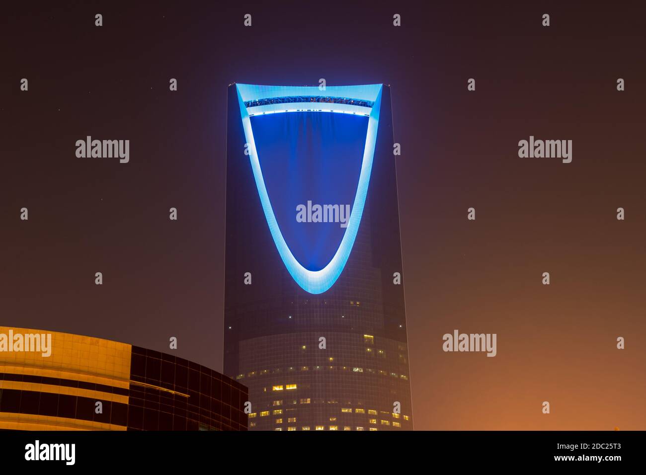 Night view with neon light of Kingdom tower , the tallest building in the Kingdom of Saudi