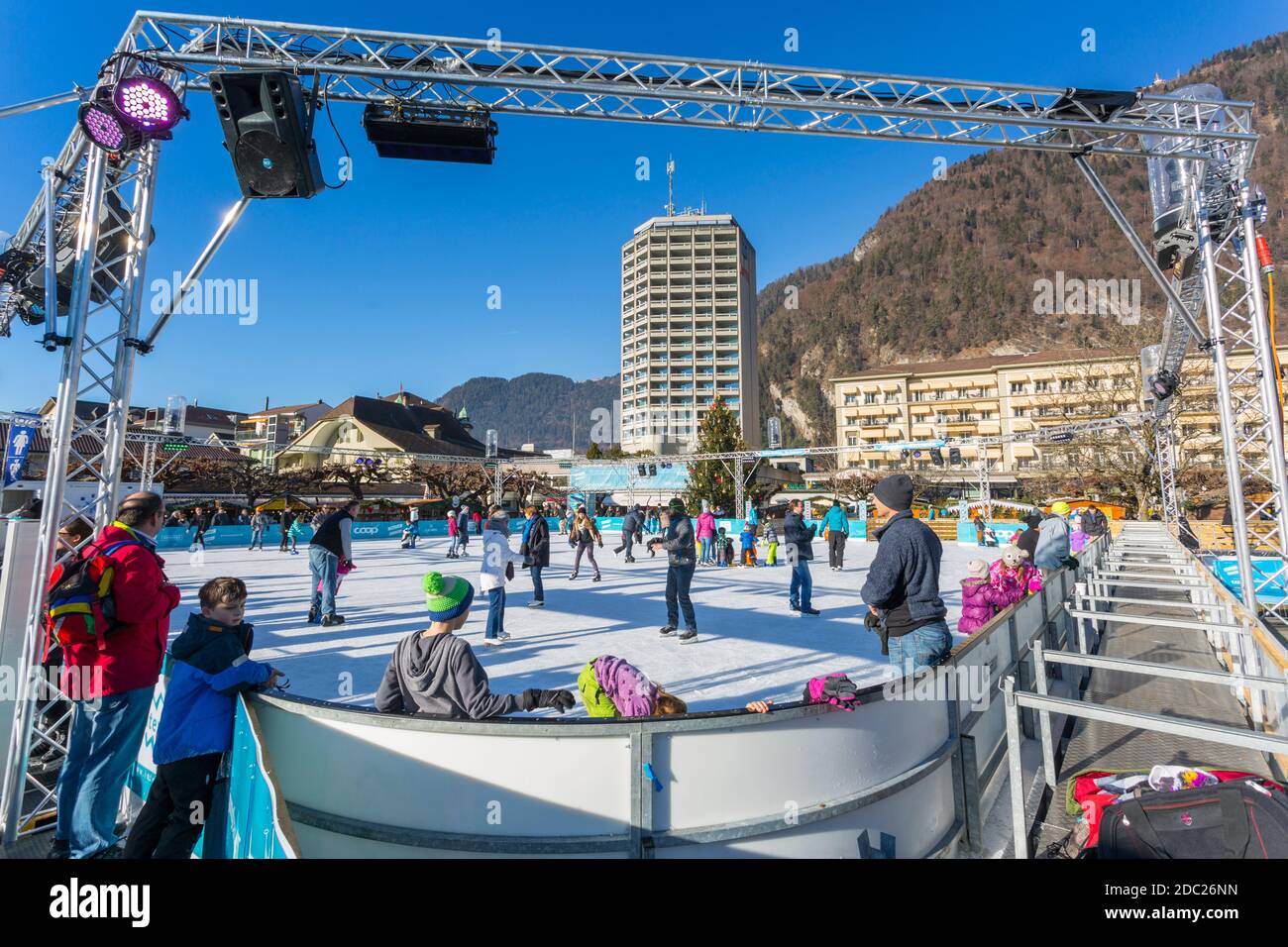 Ice Rink and Christmas Market, Interlaken, Jungfrau region, Bernese Oberland, Swiss Alps