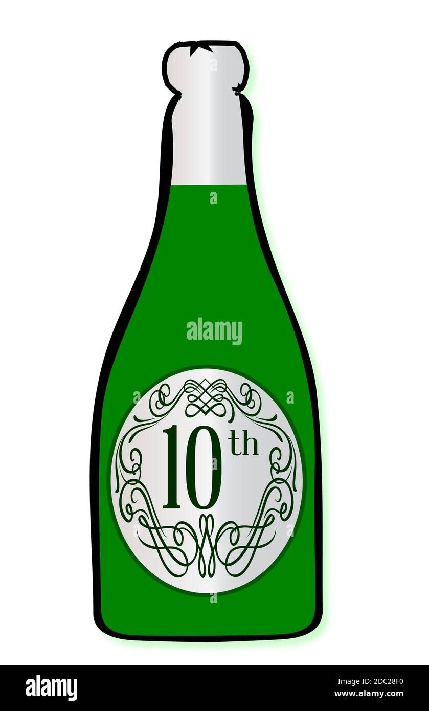 A congratulations bottle of champagne with the legend 10th on a white background Stock Photo