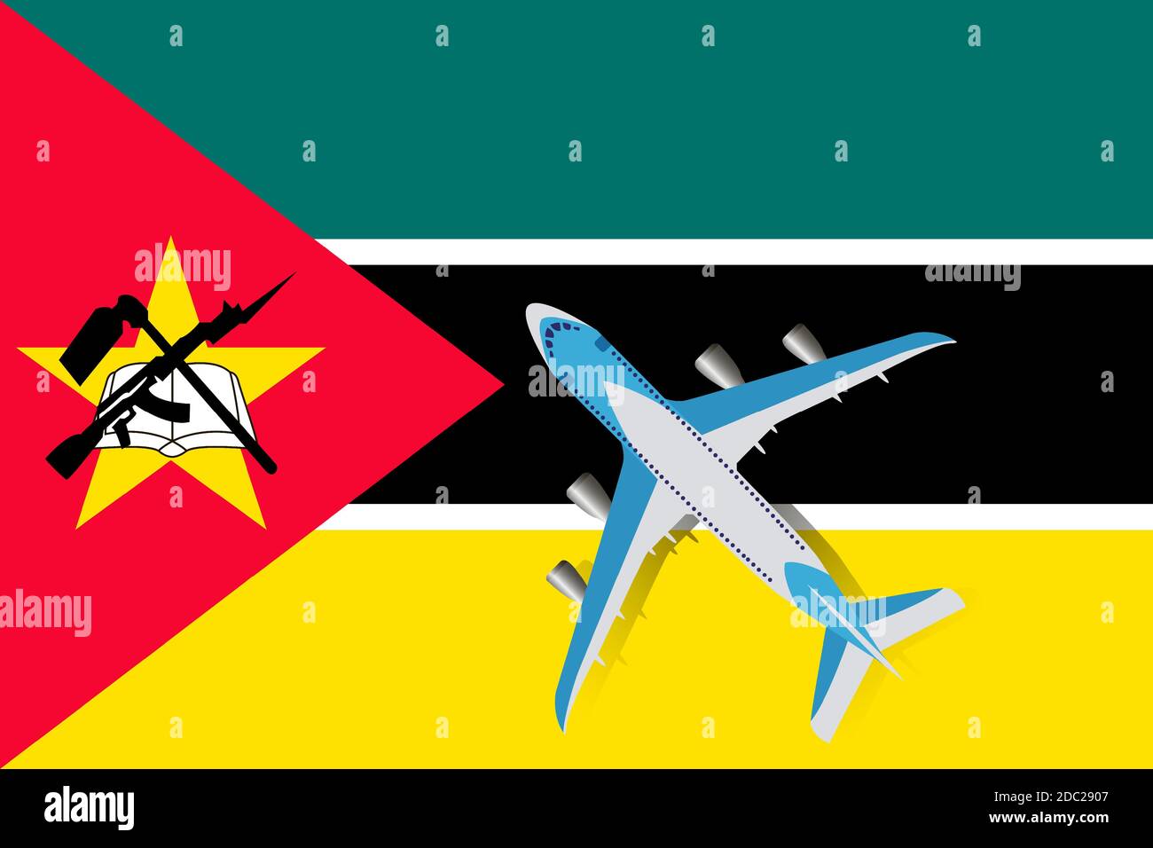 Plane and flag of Mozambique. Travel concept for design. Vector Illustration of a passenger plane flying over the flag of Mozambique. The concept of t Stock Vector