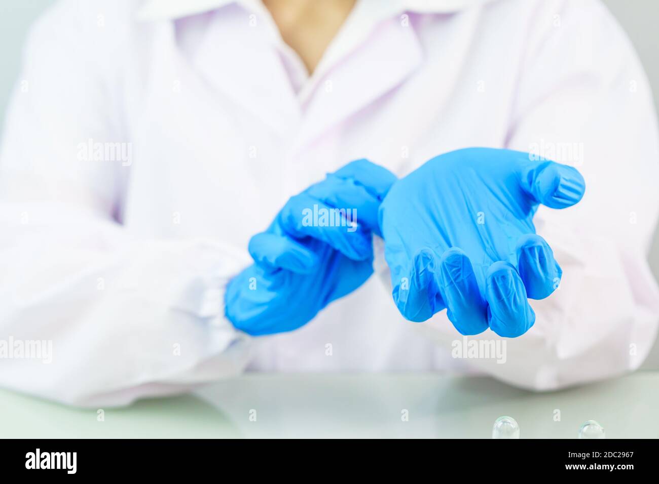 Close up Scientist hands putting in nitrile blue latex gloves in labcoat wearing nitrile gloves, doing experiments in lab Stock Photo
