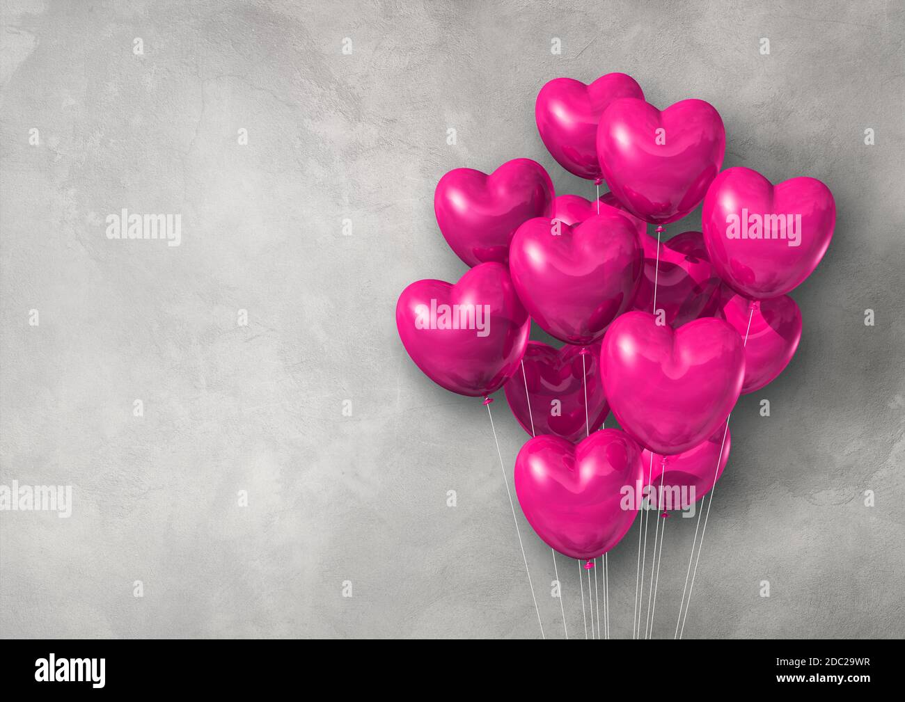 Pink heart shape air balloons group on a concrete wall banner. 3D ...