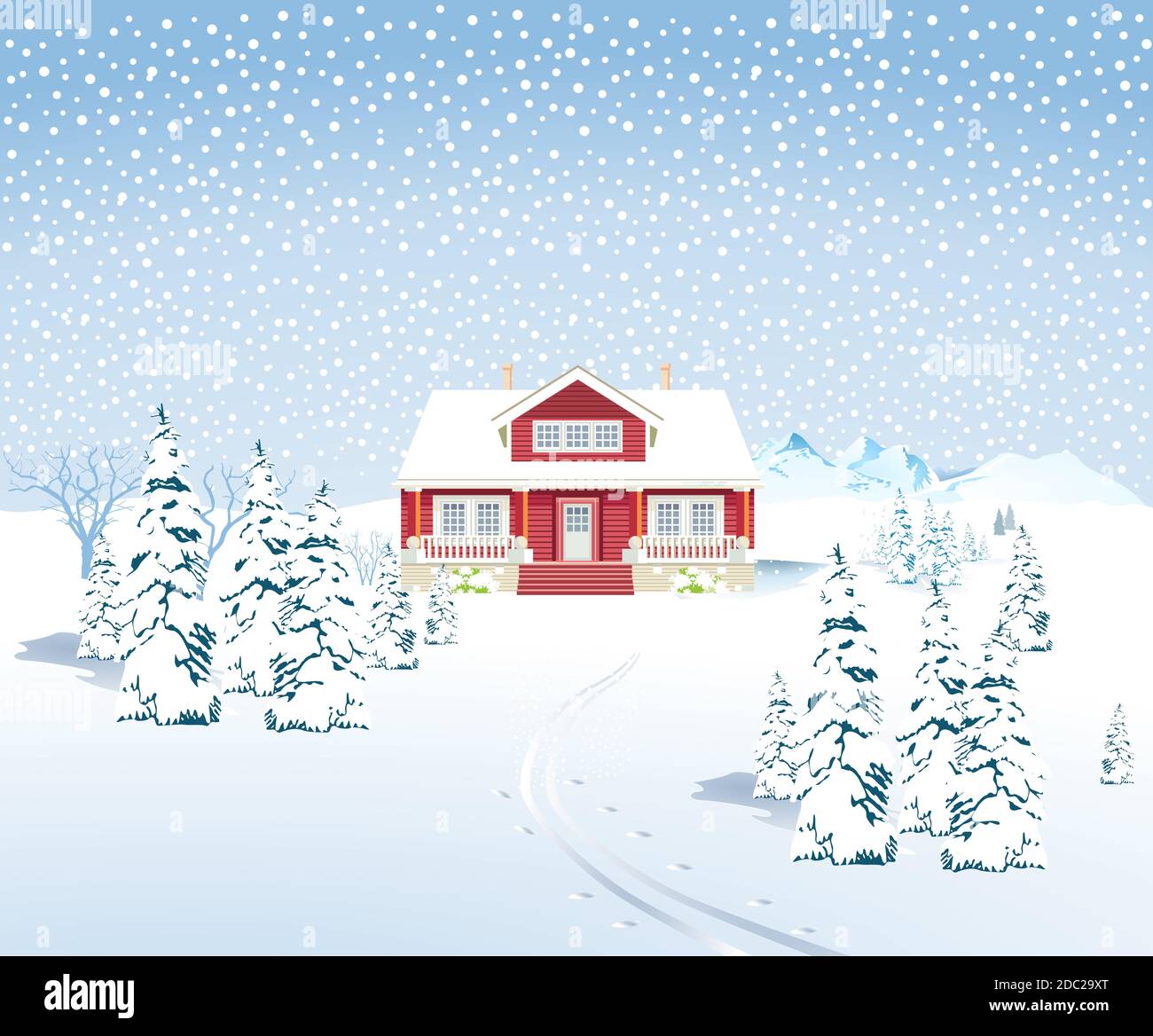 Winter landscape with country house, -  illustration Stock Photo
