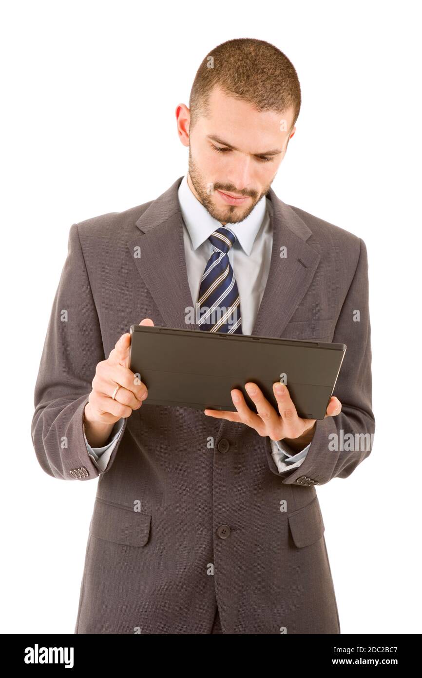 businessman using touch pad of tablet pc, isolated Stock Photo - Alamy