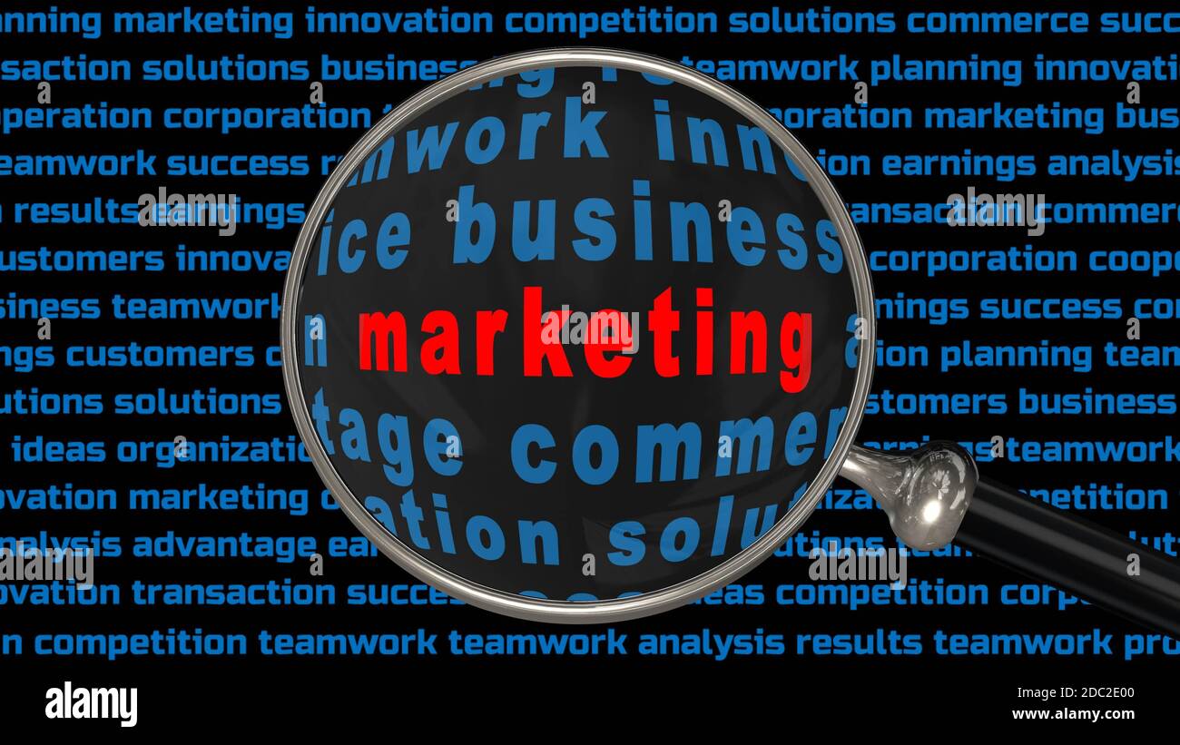 marketing - red lettering shown in a magnifying glass in front of a black screen filled with keywords from the business world in blue color Stock Photo