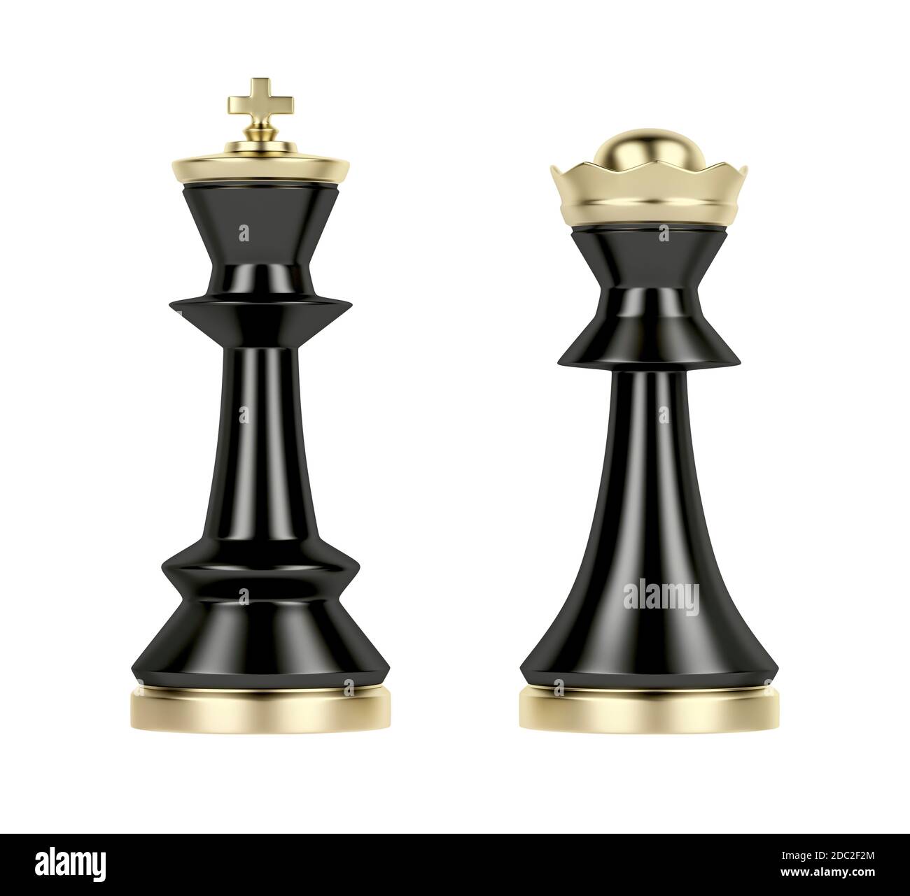 Black queen and king chess pieces on white background, front view Stock Photo