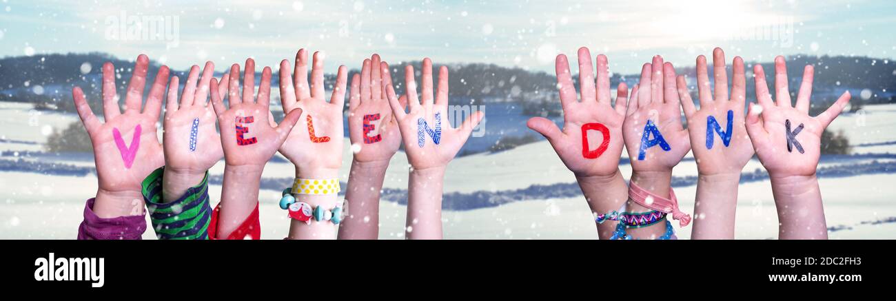 Children Hands Building Colorful German Word Vielen Dank Means Thank You. Snowy Winter Background With Snowflakes Stock Photo