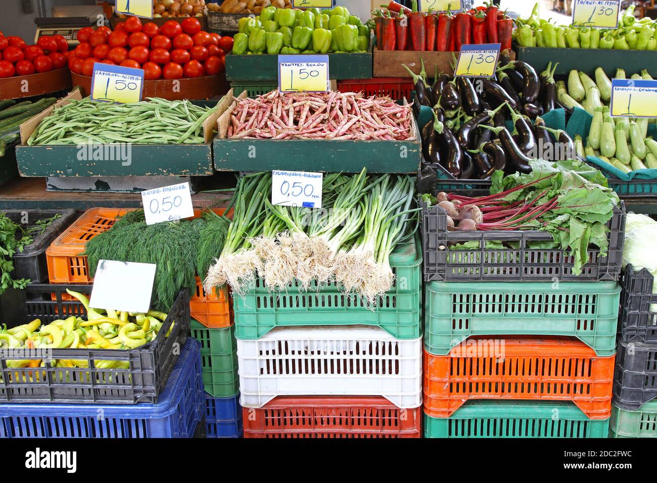 Bunch of vegetables in crates at farmers market Stock Photo - Alamy