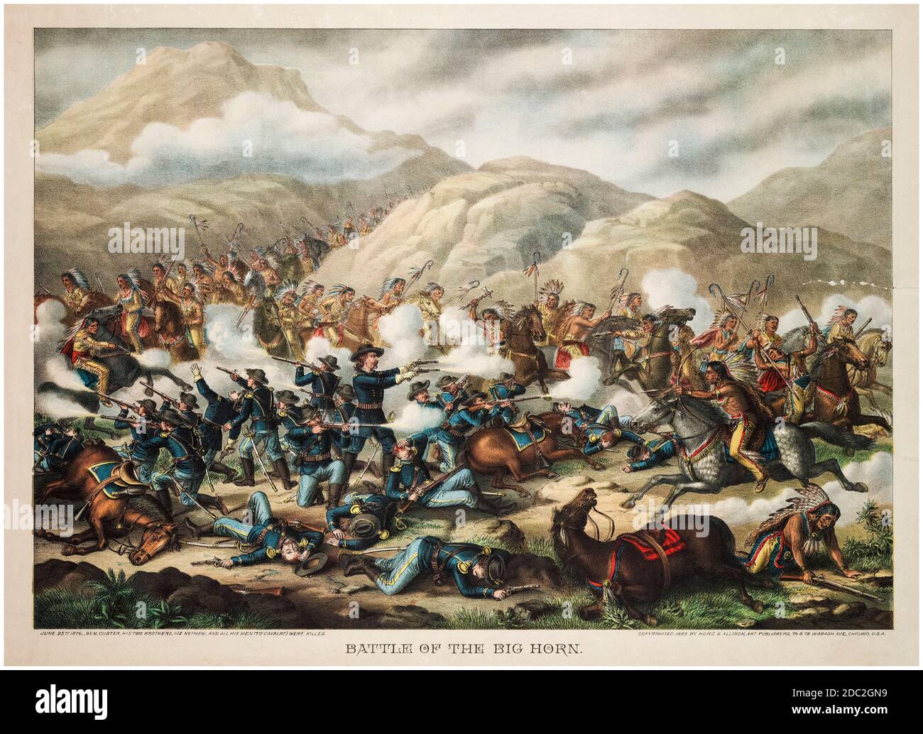 Battle of the Little Bighorn, June 25th 1876, Custer's Last Stand, print by Kurz and Allison, 1889 Stock Photo