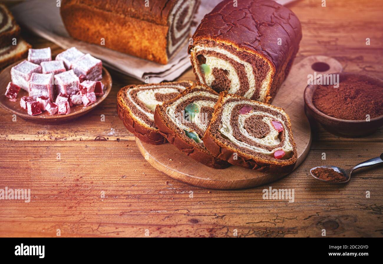 Romanian traditional sweet bread with cocoa and Turkish delight Stock Photo