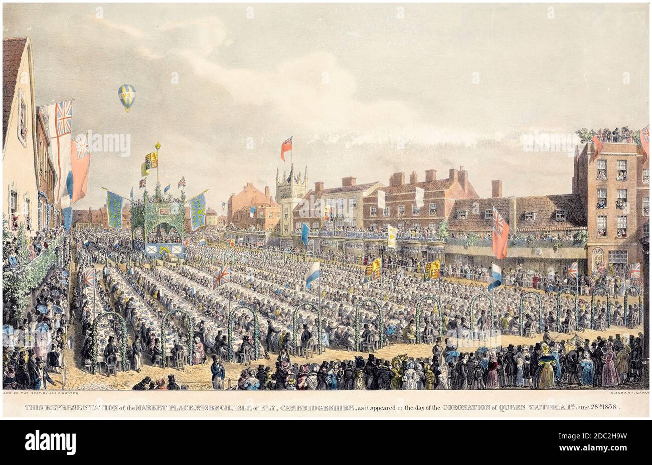 Large Street Party for 5000 people in the Market Place, Wisbech, Isle of Ely, Cambridgeshire, England on the 28th June 1838 to celebrate the Coronation of Queen Victoria, print by George Johann Scharf after JP Hunter, 1838 Stock Photo
