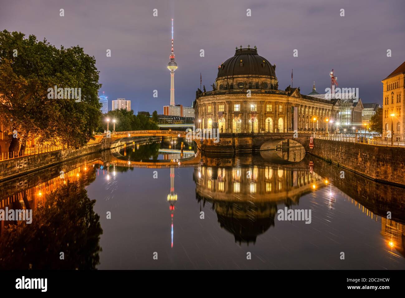 The Bode Museum and the Television Tower in Berlin at night Stock Photo