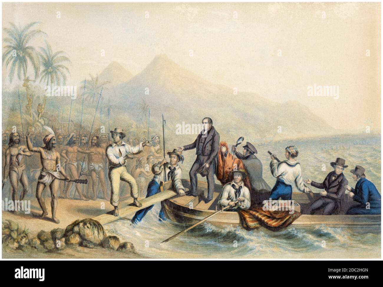 Missionary The Reverend John Williams (1796-1839), at Tanna in the South Seas, the Day Before he was Massacred, woodcut print by George Baxter, 1841 Stock Photo