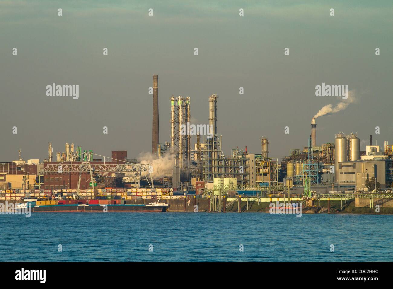 view to the Chempark, former known as the Bayer factory, river Rhine, Leverkusen, North Rhine-Westphalia, Germany.   Blick zum Chempark, frueher Bayer Stock Photo